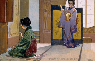 Postkort laget til premieren på "Madame Butterfly", i Brescia av Leopoldo Metlicovitz