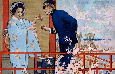 Postkort laget til premieren på "Madame Butterfly", i Brescia av Leopoldo Metlicovitz