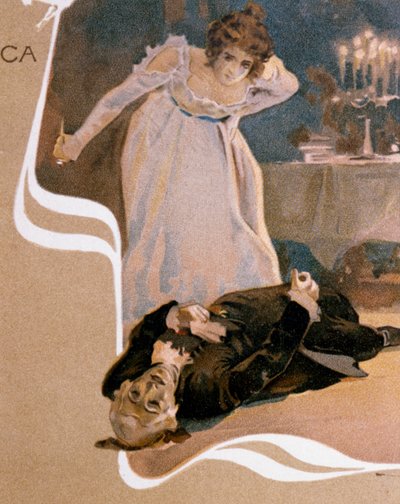 Postkort illustrert av Leopoldo Metlicovitz (1868-1944) som viser scener fra Tosca, opera av Giacomo Puccini (1858-1924) av Leopoldo Metlicovitz