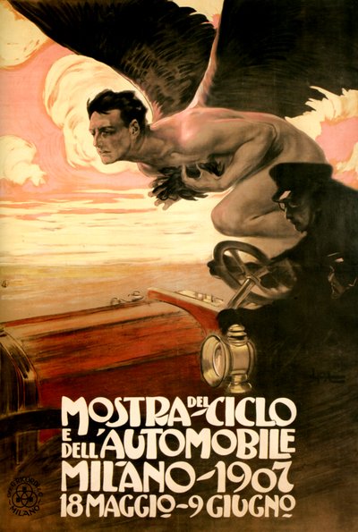 Plakat for Bil- og sykkelmessen, Milano 18. mai-9. juni av Leopoldo Metlicovitz