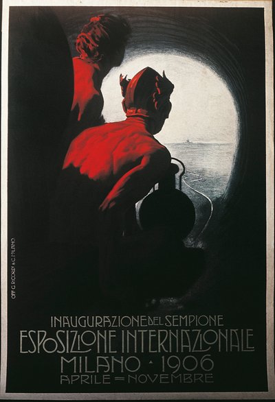 Plakat for Transalpine Simplon Tunnel på Milano internasjonale utstilling, april-november 1906 av Leopoldo Metlicovitz