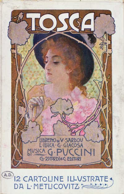 Tittelside på partiturarket for operaen Tosca av Puccini, ca. 1910 (farge litho) av Leopoldo Metlicovitz