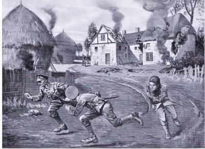 Sersjant Cooper og to kamerater stakk av under fiendens ild etter å ha satt fyr på et våningshus og flere ricks (DCM) (litho) av Leslie Mosley