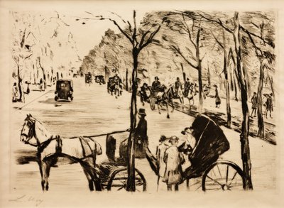 Bakgate i dyrehagen med en vogn i forgrunnen av Lesser Ury