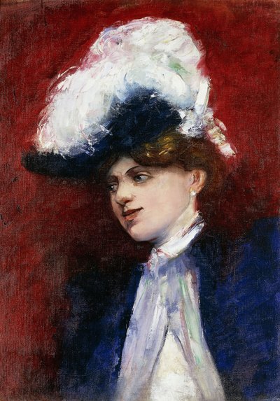 Elegant kvinne med fjærhatt; Elegante Dame mit Federhut, ca. 1905 av Lesser Ury