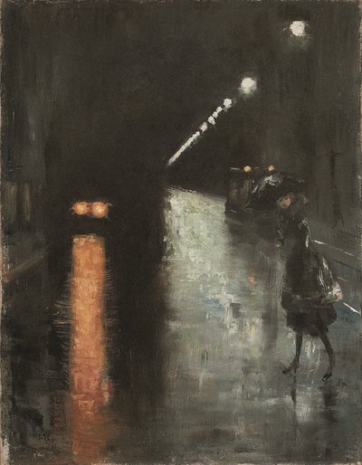 Nattlig gatebilde, Berlin (Leipziger Strasse?), ca. 1920 (olje på lerret) av Lesser Ury