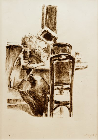 Skrivende dame med hatt og boa i kafeen av Lesser Ury
