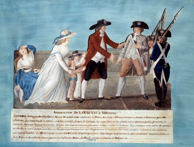 Arrestasjon av Ludvig XVI i Varennes 22. juni 1791 Gouache des freres Lesueur (1700-tallet) 1791. Paris, Musee Carnavalet av Lesueur Brothers