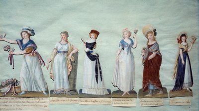 Ulike unge kvinner som representerer feminin mote under revolusjonen. Gouache des freres Lesueur (1700-tallet) Paris, Musee Carnavalet av Lesueur Brothers