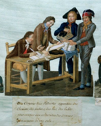 Fransk revolusjon: "" Borgere som bringer skjorter, sko, strømper, klær for å sende til frivillige rustning""" Gravering av brødrene Lesueur (1700-tallet). 18. århundre. Paris, Musee Carnavalet av Lesueur Brothers