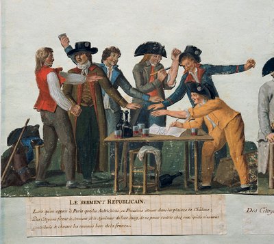 Fransk revolusjon: "" Den republikanske eden: innbyggerne avlegger en ed av sitt blod om ikke å vende hjem før de har drevet østerrikerne og prøysserne ut av Frankrike." Gouache des freres Lesueur (1700-tallet). 18. århundre. Paris. Carnavalet museum av Lesueur Brothers