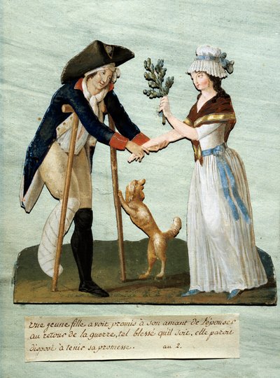 Fransk revolusjon: "" en ung jente finner sine lovede sår etter krigen og holder løftet om å gifte seg med henne"" Gouache des brothers Lesueur (1700-tallet). Paris Musee Carnavalet av Lesueur Brothers