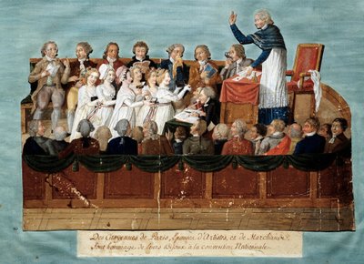 Fransk revolusjon: "" borgere i Paris tilbyr smykkene sine til nasjonalkonvensjonen"" Illustrasjon des Freres Lesueur (1700-tallet). 1792-1795. Paris, musee Carnavalet - Engelsk revolusjon - Innbyggerne i Paris donerer smykkene sine til Nati av Lesueur Brothers