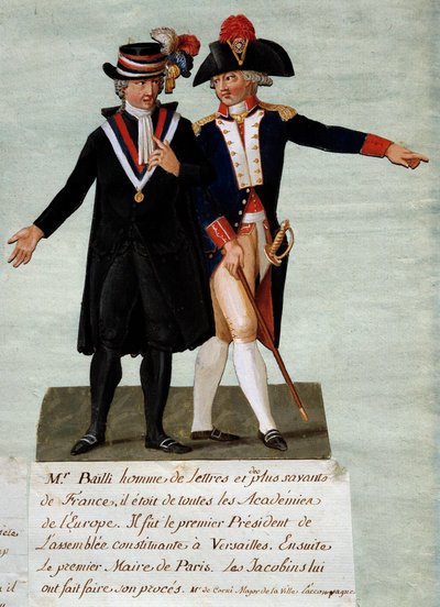 Fransk revolusjon: representasjon av Jean Sylvain Bailly (1736-1793), president for den konstituerende forsamlingen i Versailles og deretter borgermester i byen Paris, han beordret å skyte rytterne med sikte på å droppe kongen 17.07.1791 på Champs -de-Mars av Lesueur Brothers