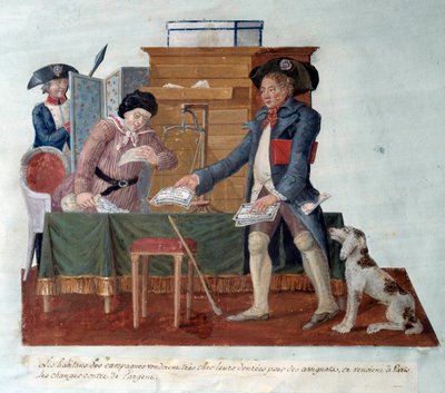 Fransk revolusjon: innbyggerne på landsbygda solgte maten sin for tildelte, som de så kom for å bytte mot penger i Paris. Gouache des Freres Lesueur (1700-tallet) av Lesueur Brothers