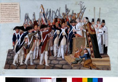 Fransk revolusjon: ed av distriktene. Etter forkynnelsen av Grunnloven samlet folket seg på de offentlige plassene, kurene ledet stevnene. Gouache des freres Lesueur (1700-tallet). 1789. Paris, Musee Carnavalet av Lesueur Brothers