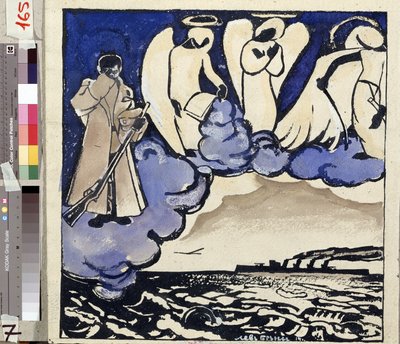 ""Krigen. Russland. 1914"" Allegori om første verdenskrig. En soldat og engler. Penn og gouache av Lev Bruni (1894-1948) 1914 Statens museum for historie, arkitektur og kunst, Rybinsk, Russland av Lev Aleksandrovitc Bruni