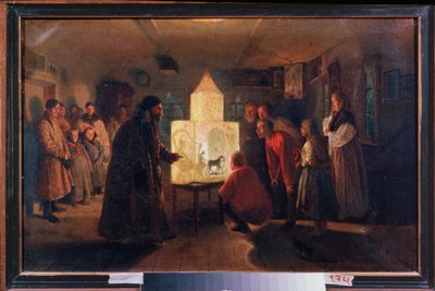 The Magic Lantern in a Peasant House - Maleri av Lev Grigorievich Solovyev (1837-1919), olje på lerret av Lev Grigoryevich Solovyev