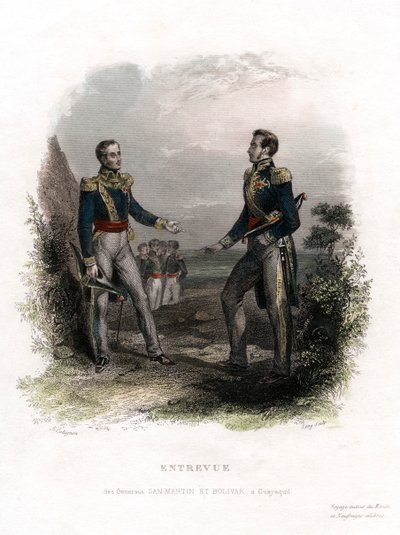 Møte mellom generalene San Martin og Bolivar, Guayaquil, Ecuador, 1822, 1800-tallet. av Levy
