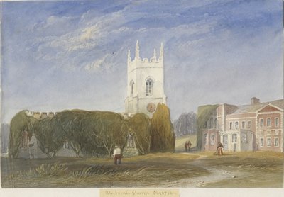 Okeover kirke - "All Saints": akvarellmaling, og [c 1830-1840] av Lewis John Wood
