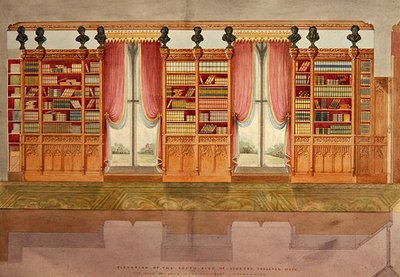 Forhøyning av sørsidens bibliotek, Snelston Hall, Derbyshire (penn, blyant, blekk og akvarell på papir) av Lewis Nockalls Cottingham