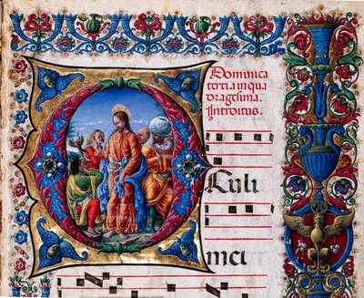 Piccolomini bibliotek: korbok, torsk. 21.6, ff. 2r med "Casting out of an unclean spirit", av Liberale da Verona (ca. 1445 - 1527/9). Detalj. av Liberale da Verona