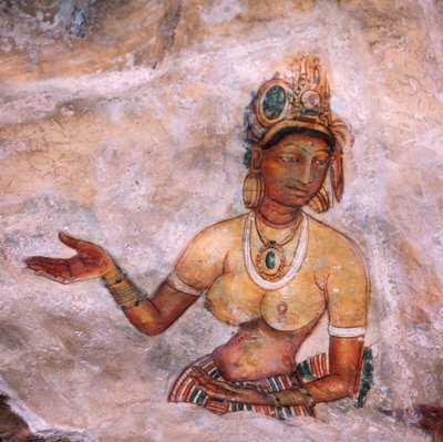 Apsaras, himmelsk nymfe gir et tilbud, freskomaleri, befestet citadell av Sigiriya (UNESCOs verdensarvliste av Unbekannt Unbekannt
