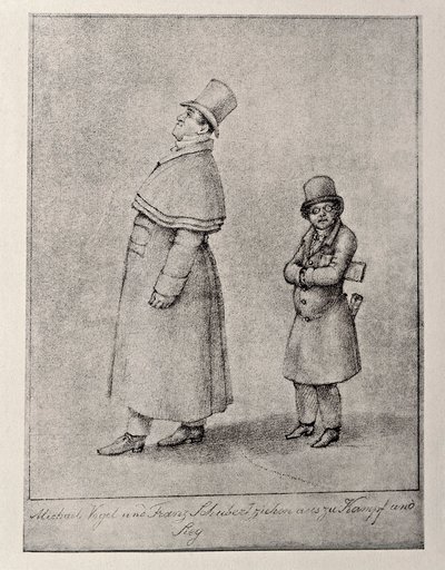 Østerrike, Wien, karikatur av den østerrikske barytonsangeren Johann Michael Vogl og komponisten Franz Peter Schubert, ca. 1825, blyanttegning av Unbekannt Unbekannt