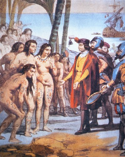 Christopher Columbus lander i den nye verden i 1492 og blir møtt av Taino-indianere (farge litho) av Unbekannt Unbekannt