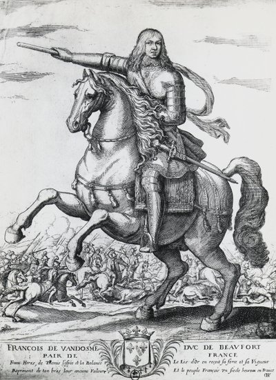 Rytterportrett av Frans av Bourbon-Vendome (1616-1669), andre hertug av Beaufort og fransk general, gravering av Nicolas de La Fage (1600?-1655) av Unbekannt Unbekannt