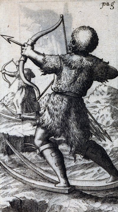 Jeger med pil og bue på korte ski, illustrasjon fra De Calceo Antiquo, av B Balduinus av Unbekannt Unbekannt