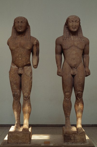Kleobis og Biton, ca 610-590 f.Kr., pariske marmorstatuer, av Polymedes av Argos, dedikert til Delphi av byen Argos, Hellas, gresk sivilisasjon, 7.-6. århundre f.Kr. av Unbekannt Unbekannt