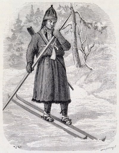 Lars Tuorda, samisk atlet som vant langrennskonkurranse organisert i 1884 av Adolf Erick Nordenskjold, indisk blekktegning av Unbekannt Unbekannt