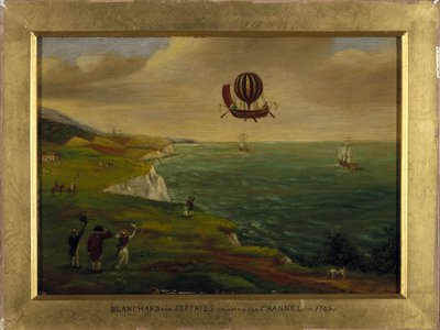 Oppfinneren Jean Pierre (Jean-Pierre) Blanchard (1753-1809) og den amerikanske vitenskapsmannen John Jeffries (Jefferies eller Gefferies) (1744-1819) krysser Den engelske kanal i en flygende maskin som ligner en båt utstyrt med en luftballong 7/01/ 1785 av Unbekannt Unbekannt