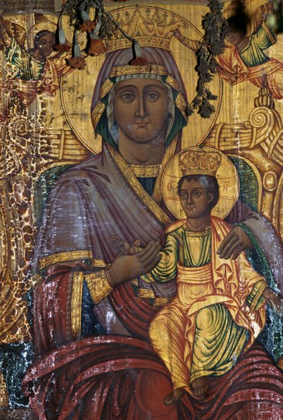 Madonna og barn, forgylt maleri, den bysantinske kirken Agios Georgios, Vathi, Kreta, Hellas (bilde) av Unbekannt Unbekannt
