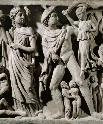 Marmorsarkofag, Relieff som skildrer Prometheus-myten, Detalj, Hermes og en av Parcae eller skjebner, Fra Arles av Unbekannt Unbekannt