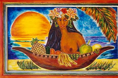 Malt glass som viser polynesisk kvinne, øya Moorea, Society Islands, Fransk Polynesia (den franske republikkens oversjøiske territorium), detalj av Unbekannt Unbekannt