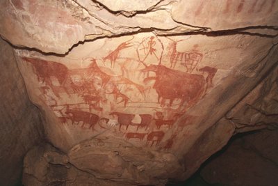 Maleri som skildrer jaktscener, Sahara bergkunst, Enneri Tougwi, Tibesti, Chad av Unbekannt Unbekannt