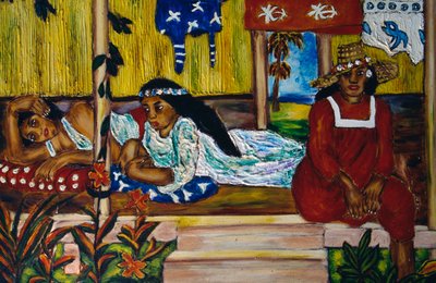 Polynesiske kvinner, glassmalerier, Moorea Island, Society Islands, Fransk Polynesia, den franske republikkens oversjøiske territorium av Unbekannt Unbekannt