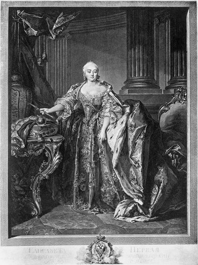 Portrett av Elizabeth Petrovna (1709-1761), keiserinne av Russland fra 1741 til hennes død, gravering av Unbekannt Unbekannt