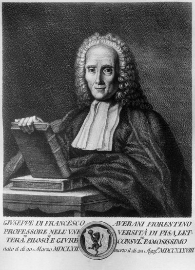 Portrett av Giuseppe Averani, kjent som Averanus (1662-1738), italiensk jurist og naturforsker, etsning fra Serie med portretter av berømte toskanske menn, utgitt av Allegrini av Unbekannt Unbekannt