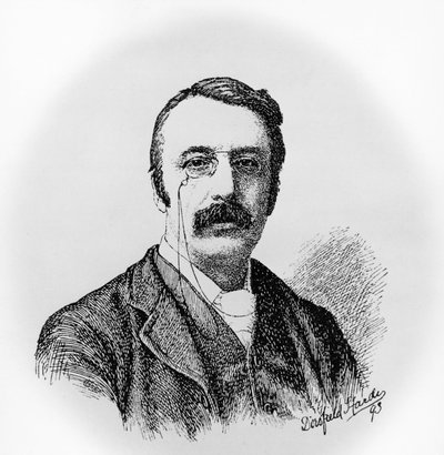 Portrett av Sir Charles Villiers Stanford (1852-1924), irsk komponist og dirigent, gravering etter tegning av Dorofield Hardy (1853-1937) av Unbekannt Unbekannt