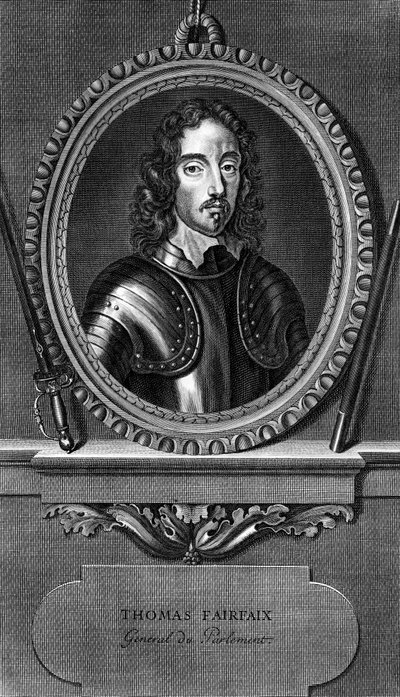 Portrett av Thomas Fairfax, 3. Lord Fairfax av Cameron (1612-1671), engelsk general og parlamentarisk øverstkommanderende under den engelske borgerkrigen, gravering av Unbekannt Unbekannt