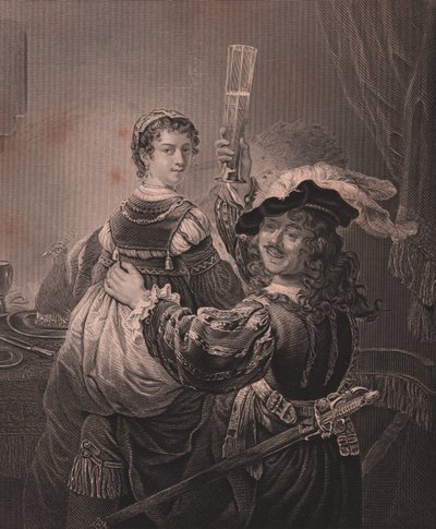 Rembrandt med sin kone Saskia, gravert H Payne fra maleri av Rembrandt, fra Paynes Royal Dresden Gallery, av Albert Henry Payne, H Payne Dresden og Leipzig Publisher, ca. 1840 av Unbekannt Unbekannt