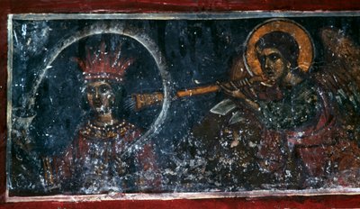 Helgen som spiller på hornet, freskomaleri i kirken Agios Ioannis Prodromos, Margarites, Kreta, Hellas (bilde) av Unbekannt Unbekannt