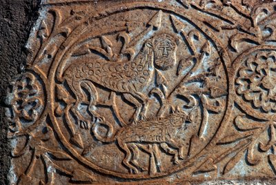Steinrelieff som viser fantastiske dyr, kirken til Jomfruens Dormition (Panagia Skripou), Orchomenus, Boeotia, Hellas, 900-tallet (bilde) av Unbekannt Unbekannt