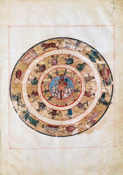 Solvognen og dyrekretsens tegn, miniatyr fra et tidlig middelaldermanuskript, astronomisk tabell av Ptolemaios (ca 100-175), hellenistisk sivilisasjon av Unbekannt Unbekannt