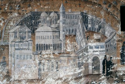 Utsikt over klosteret, freskomaleri i Ikosifinissis kloster, nær Serres, Hellas av Unbekannt Unbekannt