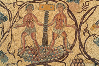 Vinskruepresse, detalj av gulvmosaikk med scener fra dagliglivet, Church of Saints Lot og Procopius, Nebo, Khirbet al-Mukhayyat, Jordan, bysantinsk sivilisasjon, 600-tallet e.Kr. av Unbekannt Unbekannt