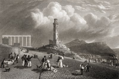 Nelson's Monument, Calton Hill, Edinburgh, fra 'Select Views of the Principal Cities of Europe' gravert av Kernot, utgitt i London, 1832 av Lieutenant-Colonel Batty
